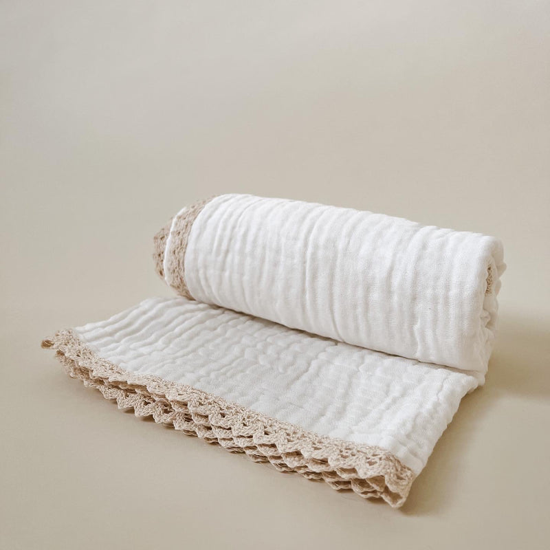 Soft, Heirloom Lace Baby Blanket, Organic Cotton Gauze